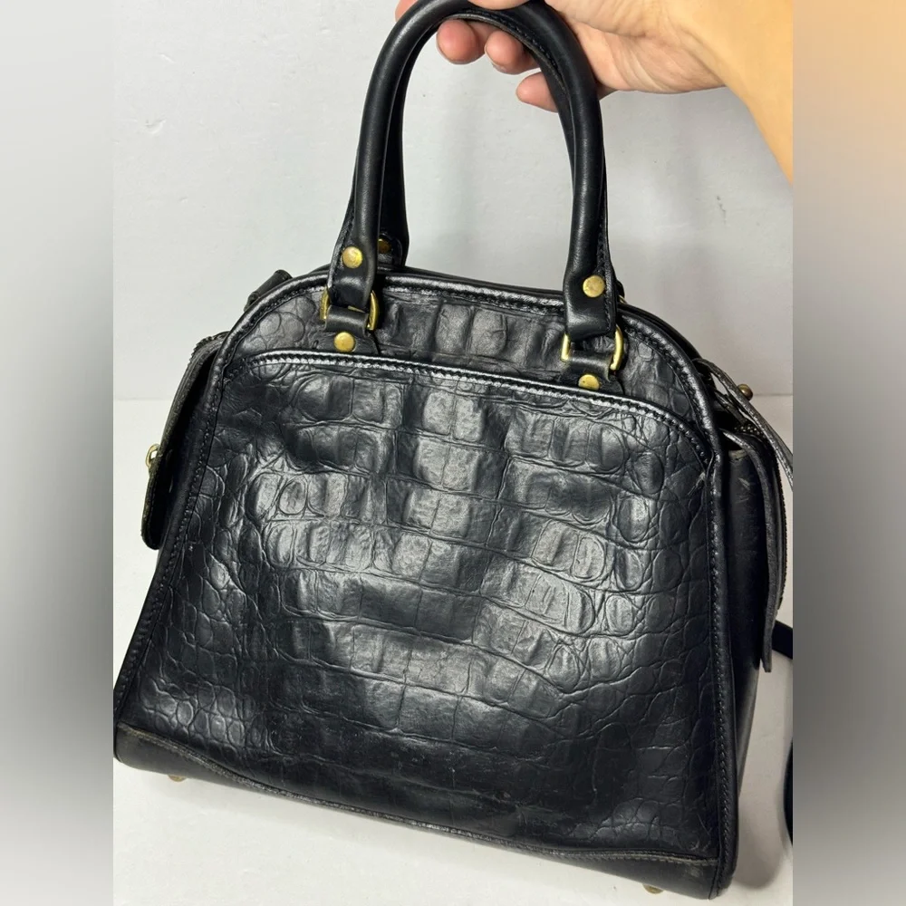 Vintage BRAHMIN Black Croc Leather Sathel Crossbody Hand Bag